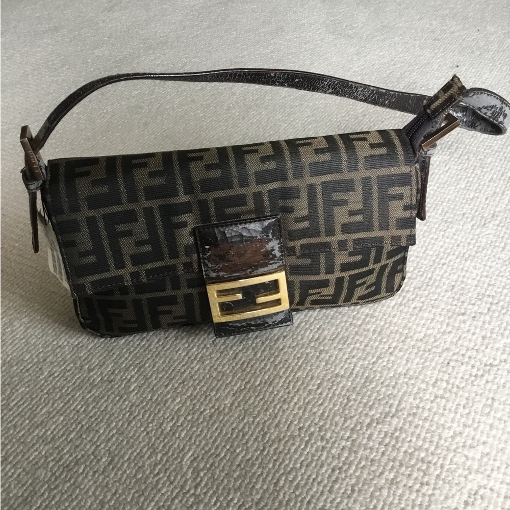 Vintange Damage Brown Monogram FF Logo Baguette with Gold-Tone Buckle